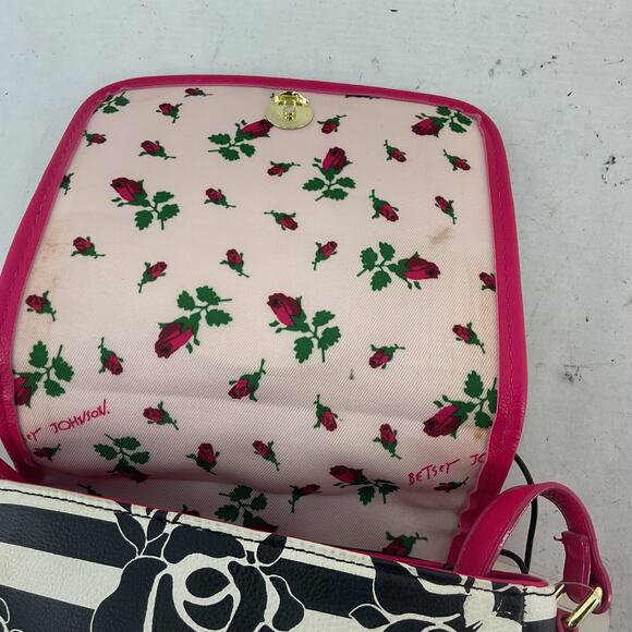 Betsey Johnson Retro Telephone Pink/Black Striped Floral Top Handle Bag Womens - Picture 5 of 6